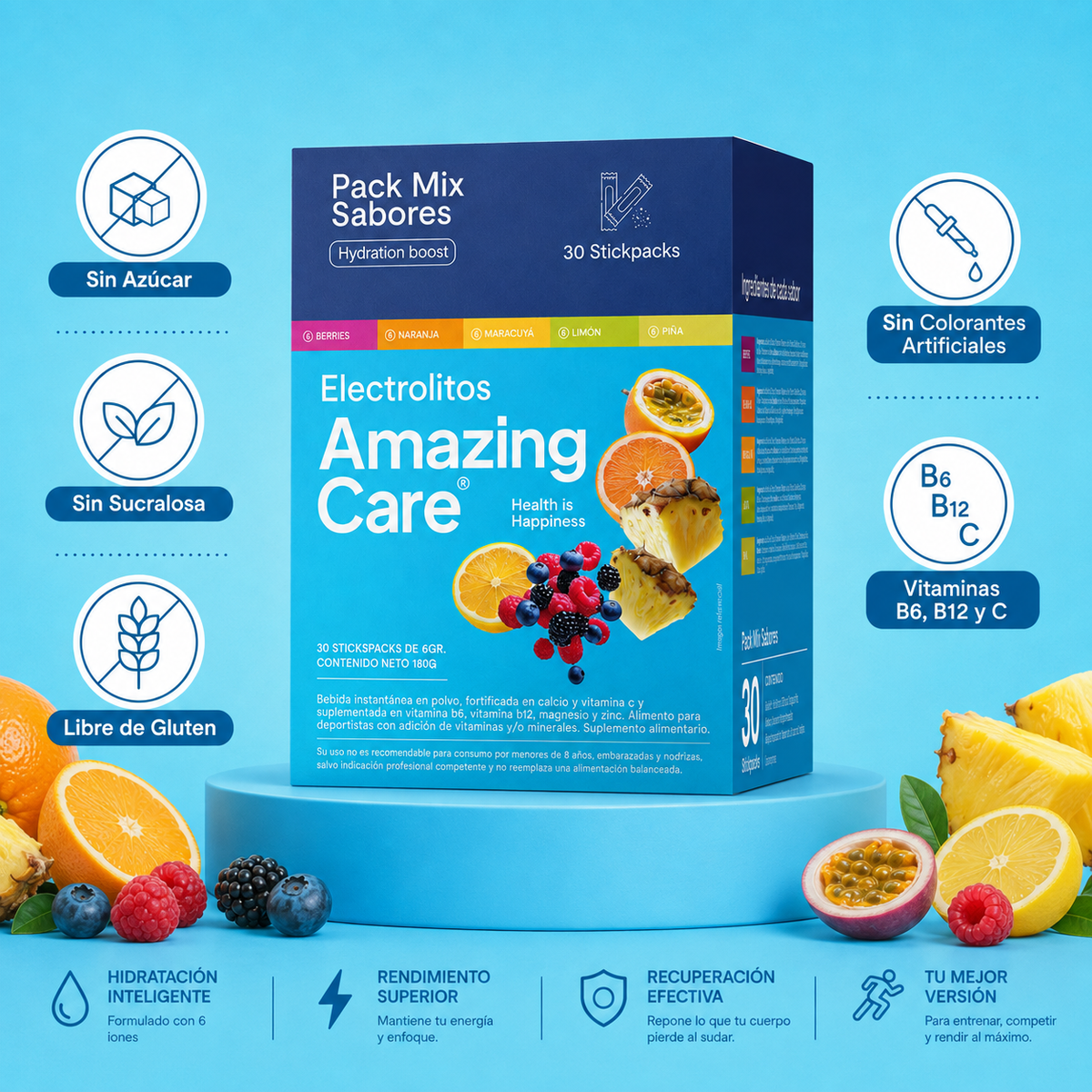 3 Cajas Electrolitos en Polvo Mix Sabores 30 Sticks (90 sticks)