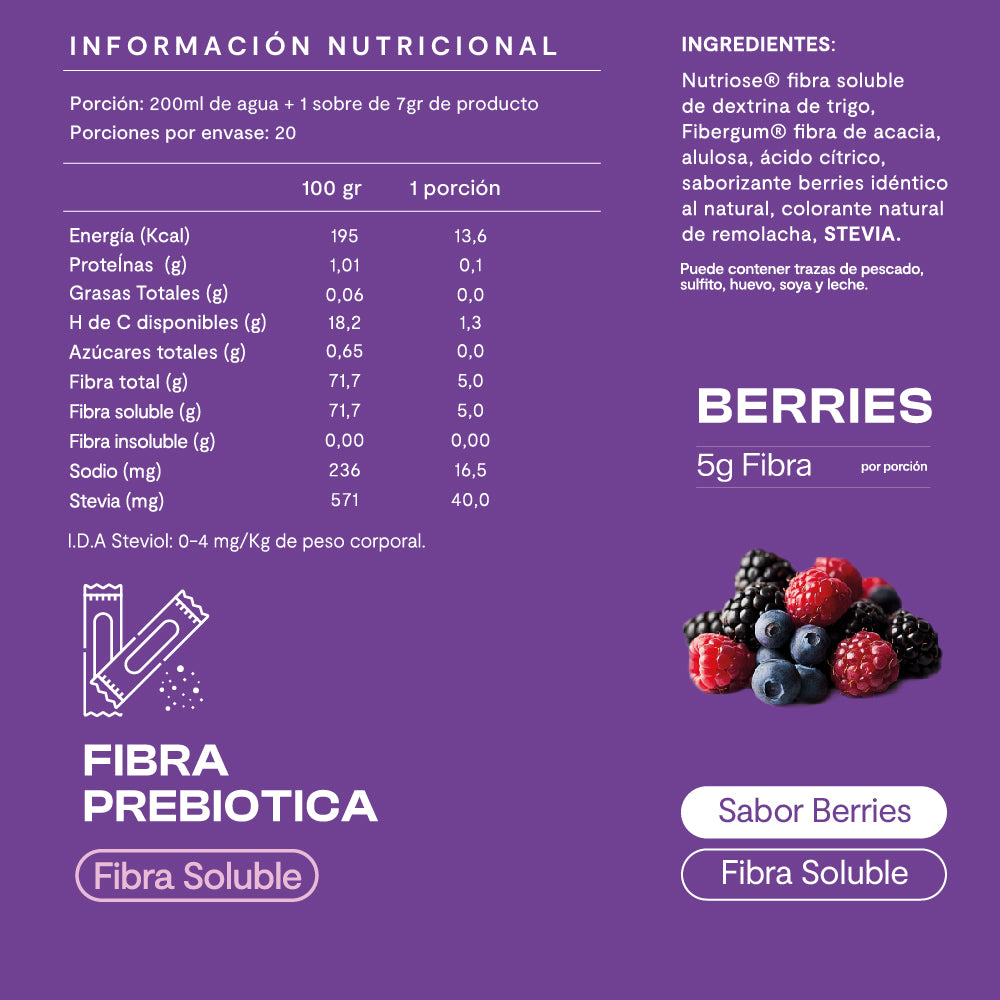 5 Cajas Fibra Prebiótica 20 Sticks Berries (100 sticks)